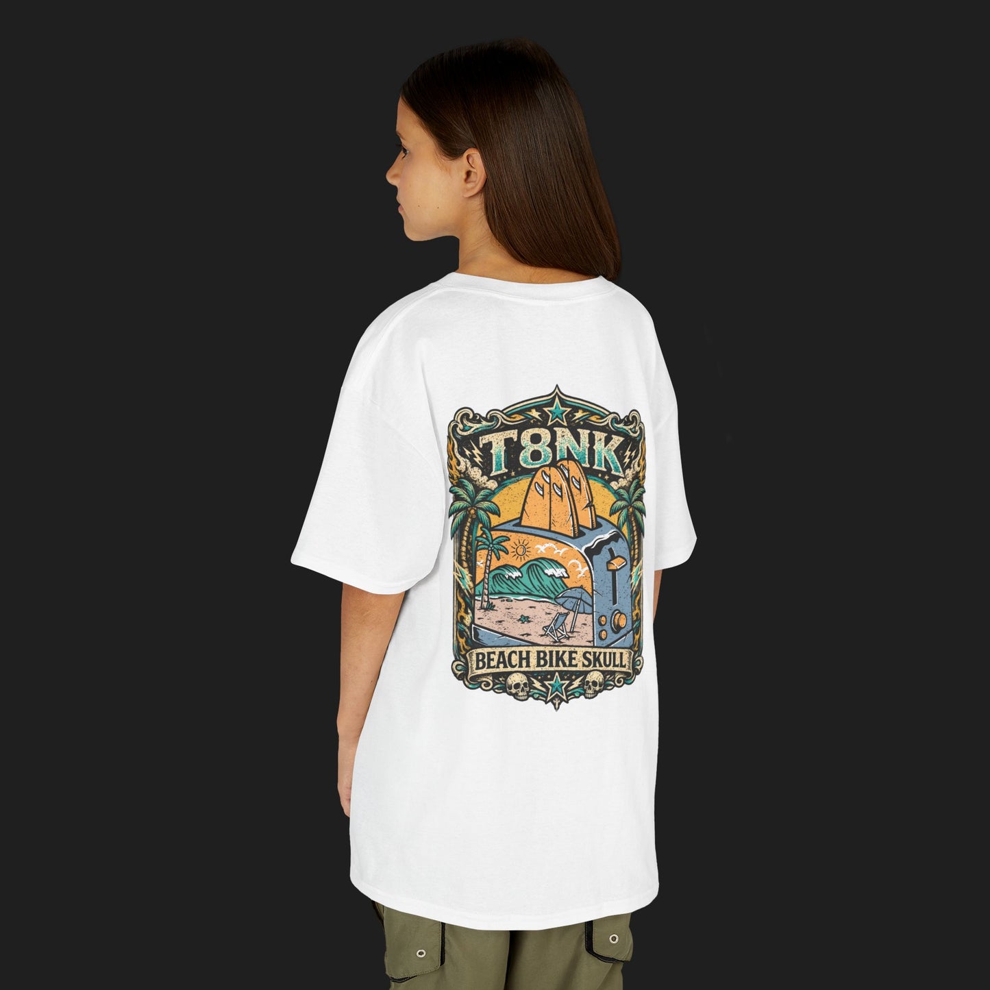 Kids Beach Bike Skull T‑Shirt | Retro Tropical Surf Graphic Tee