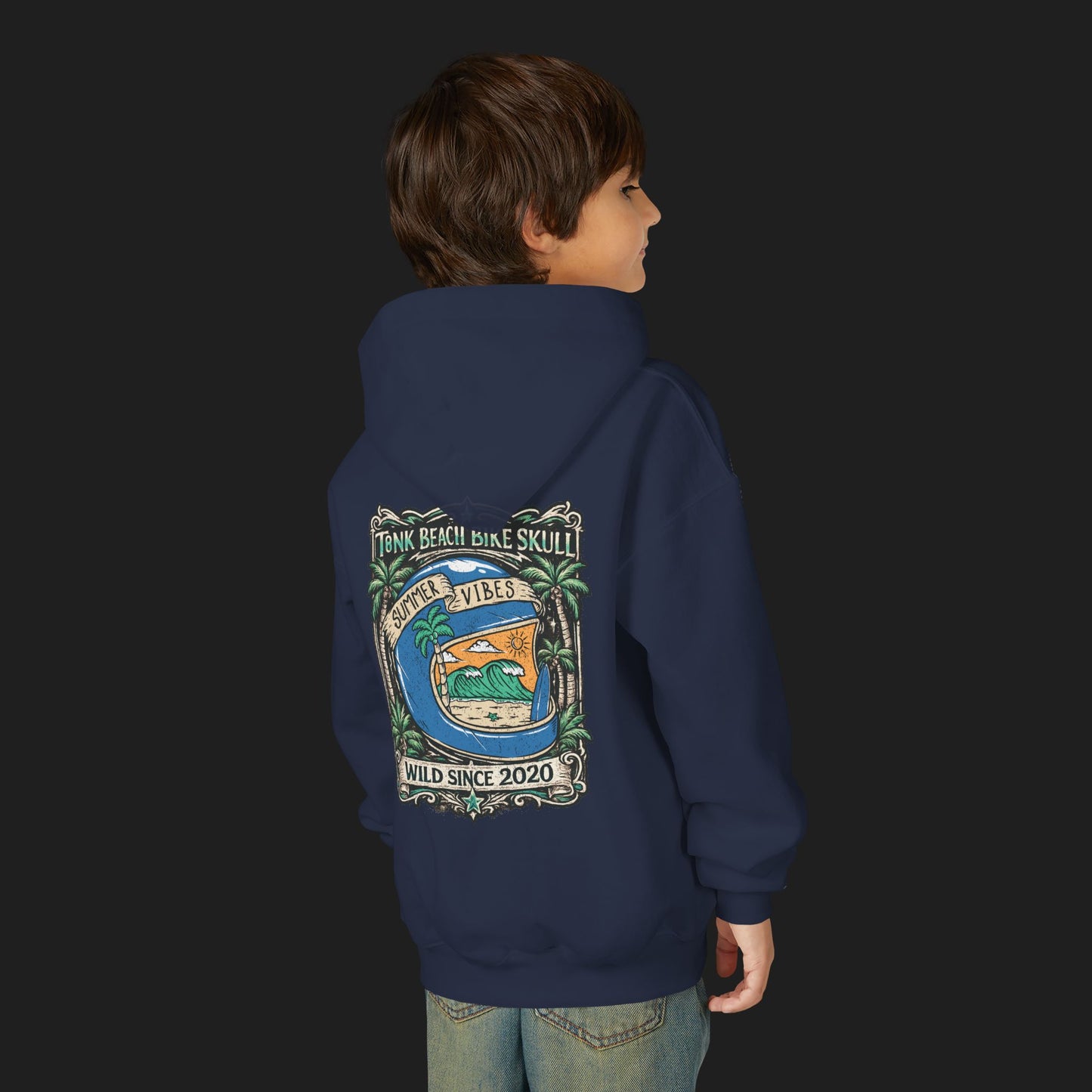 Youth Surf Vibes Hoodie | Beach Bike Skull Wild Since 2020