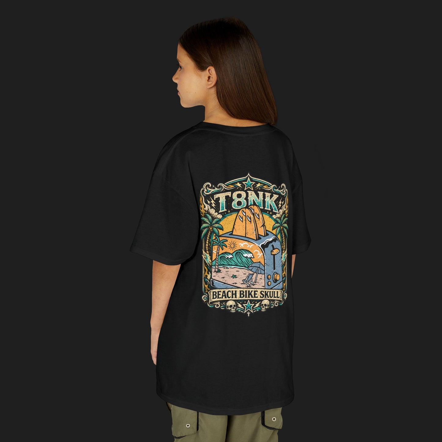 Kids Beach Bike Skull T‑Shirt | Retro Tropical Surf Graphic Tee