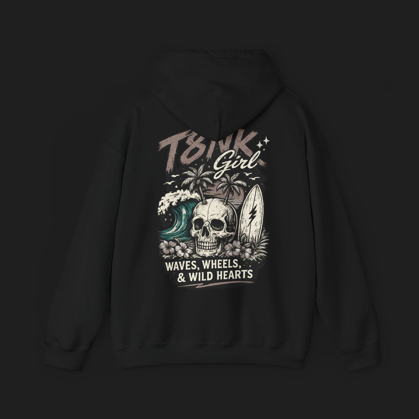 T8NK GIRL | Skull Surf Hoodie Waves, Wheels & Wild Hearts Graphic Sweatshirt