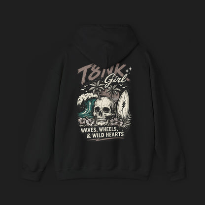 T8NK GIRL | Skull Surf Hoodie Waves, Wheels & Wild Hearts Graphic Sweatshirt