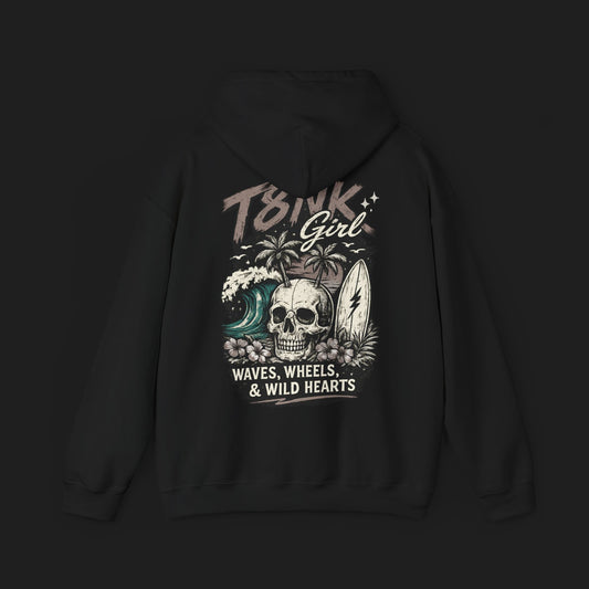 T8NK GIRL | Skull Surf Hoodie Waves, Wheels & Wild Hearts Graphic Sweatshirt