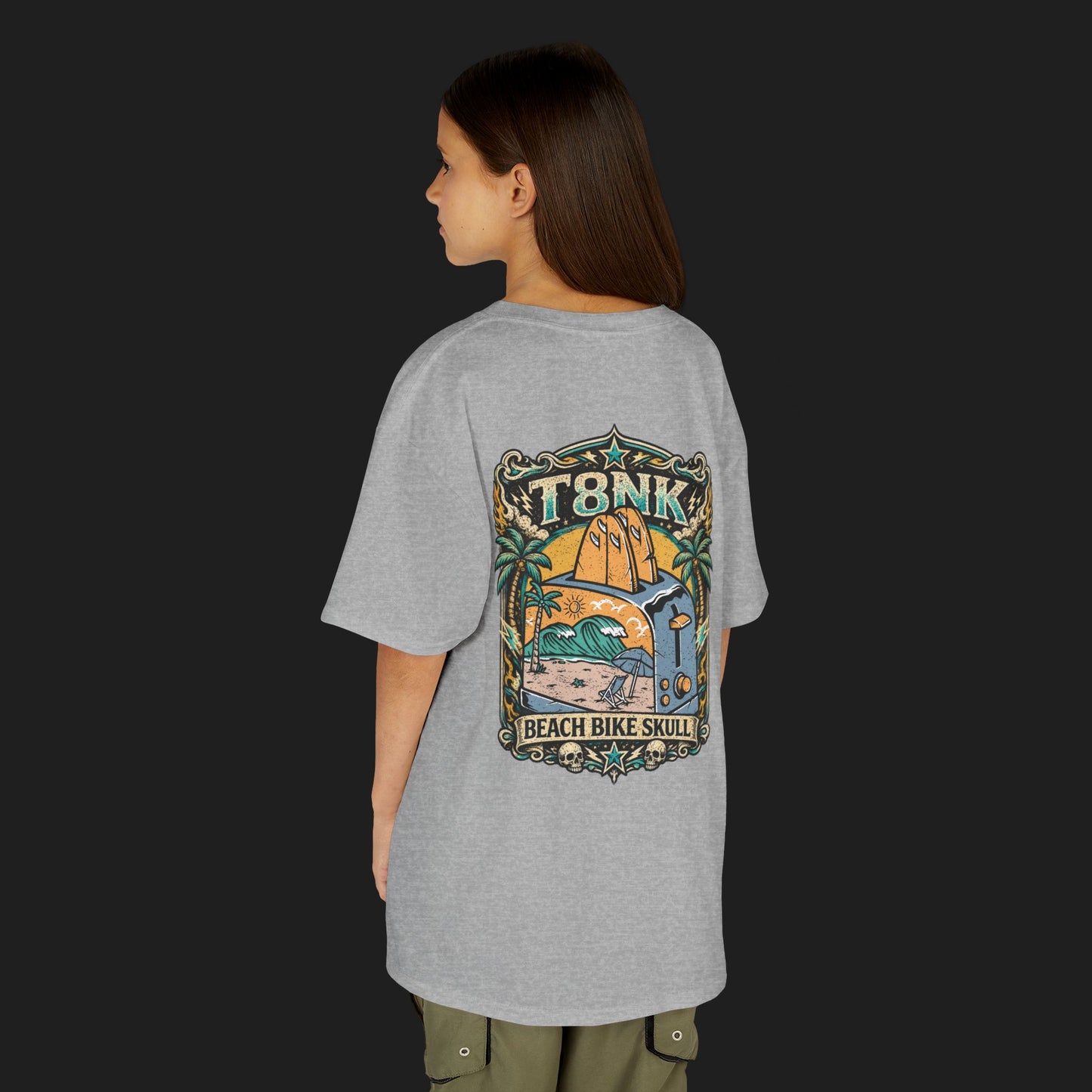 Kids Beach Bike Skull T‑Shirt | Retro Tropical Surf Graphic Tee