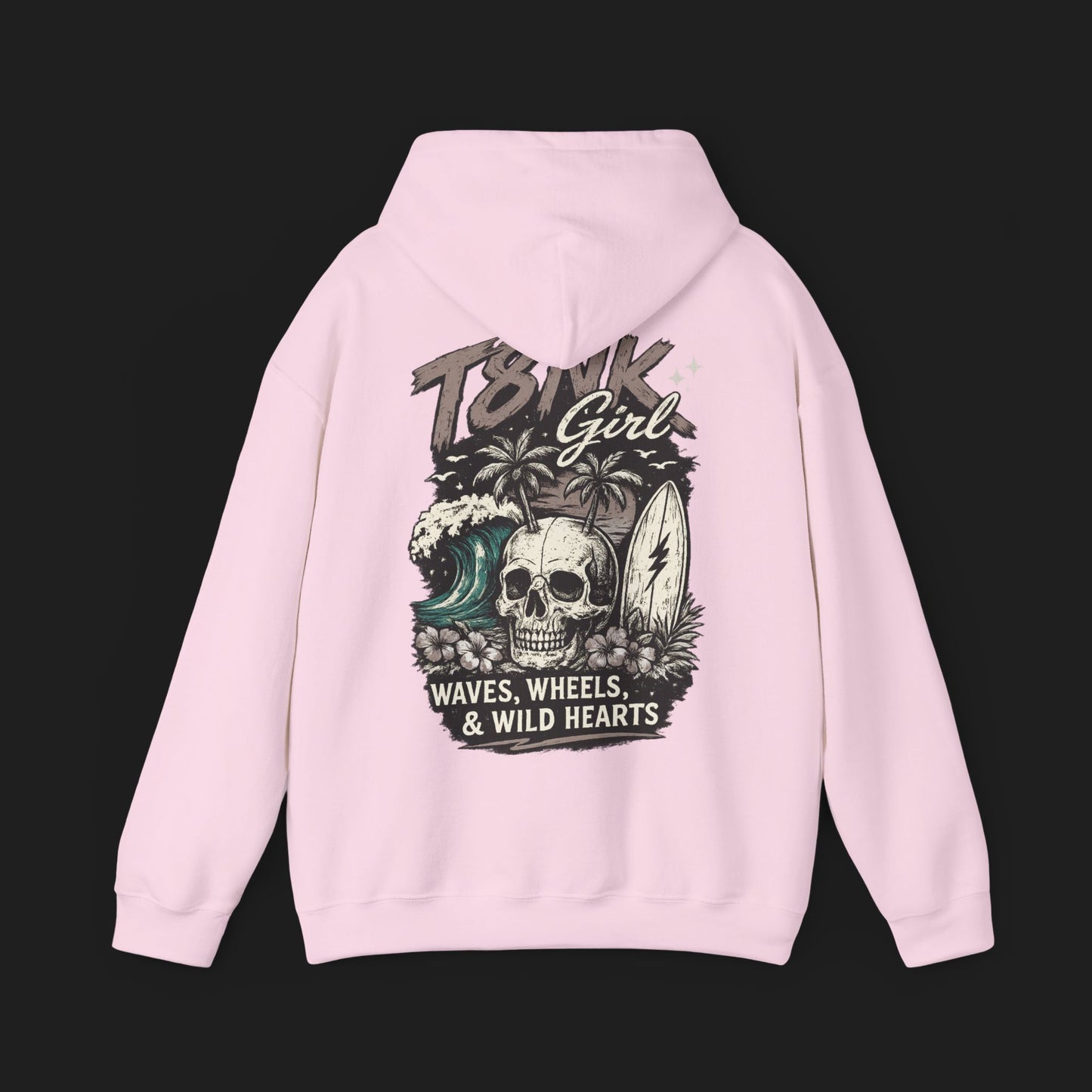 T8NK GIRL | Skull Surf Hoodie Waves, Wheels & Wild Hearts Graphic Sweatshirt