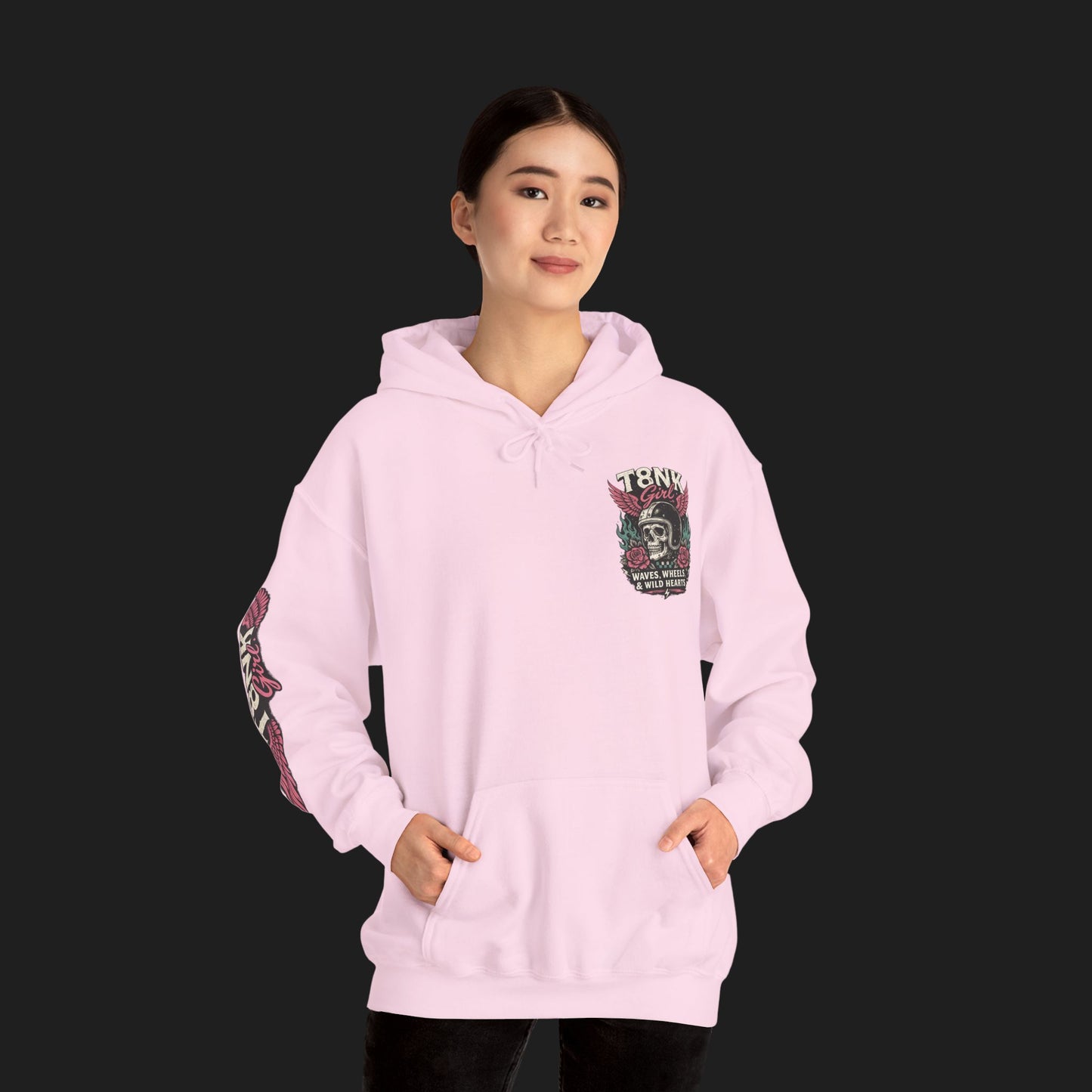 T8NK GIRL | Waves, Wheels & Wild Hearts" Vintage Skull Moto Hoodie