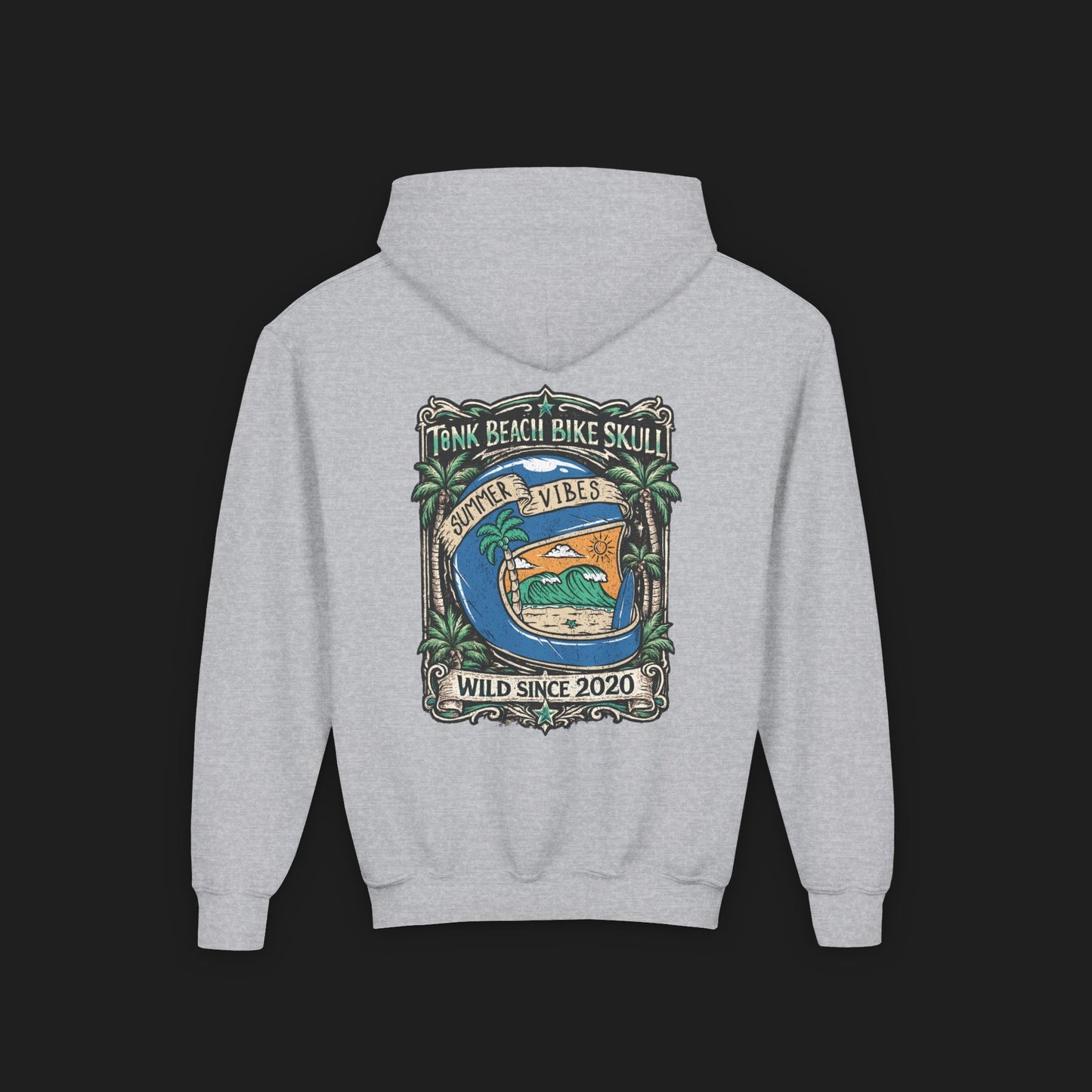 Youth Surf Vibes Hoodie | Beach Bike Skull Wild Since 2020