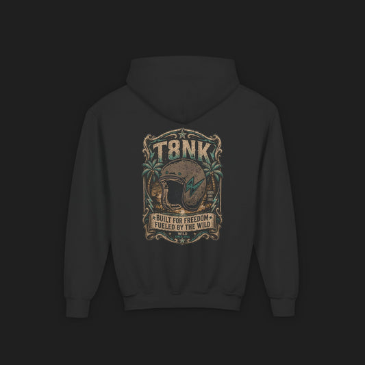 Youth T8NK Built for Freedom Fueled by the Wild Helmet Graphic Hoodie | Beach Bike Skull Vintage Motorcycle | Coastal Rider Artwork | T8NK Since 2020