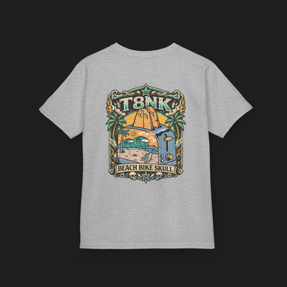 Kids Beach Bike Skull T‑Shirt | Retro Tropical Surf Graphic Tee