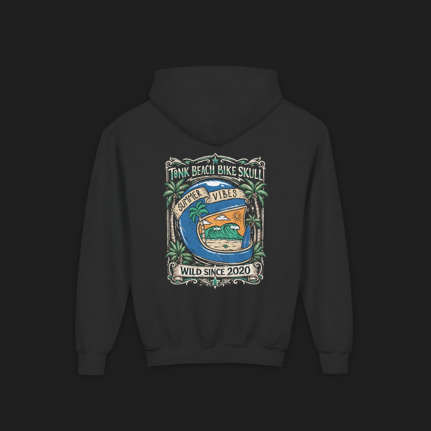 Youth Surf Vibes Hoodie | Beach Bike Skull Wild Since 2020