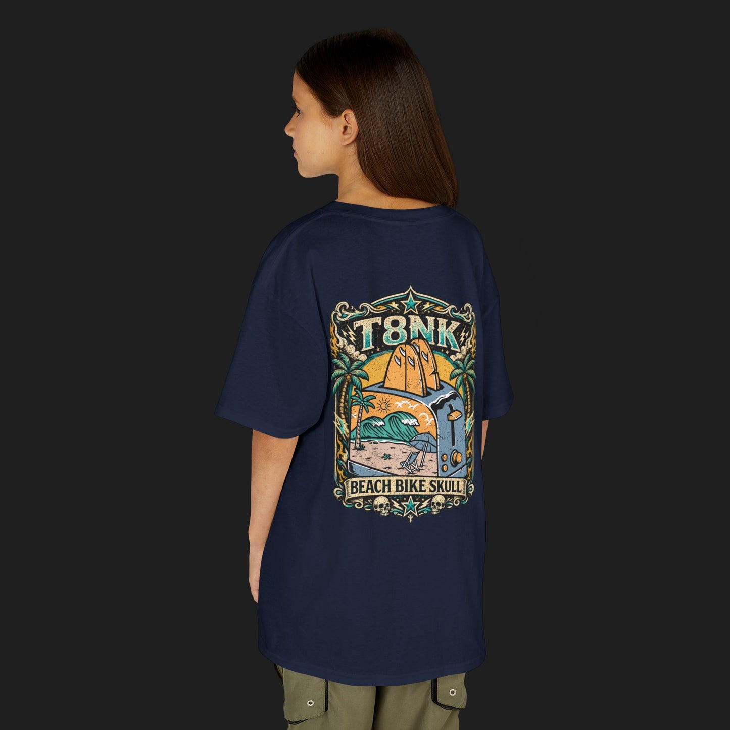 Kids Beach Bike Skull T‑Shirt | Retro Tropical Surf Graphic Tee