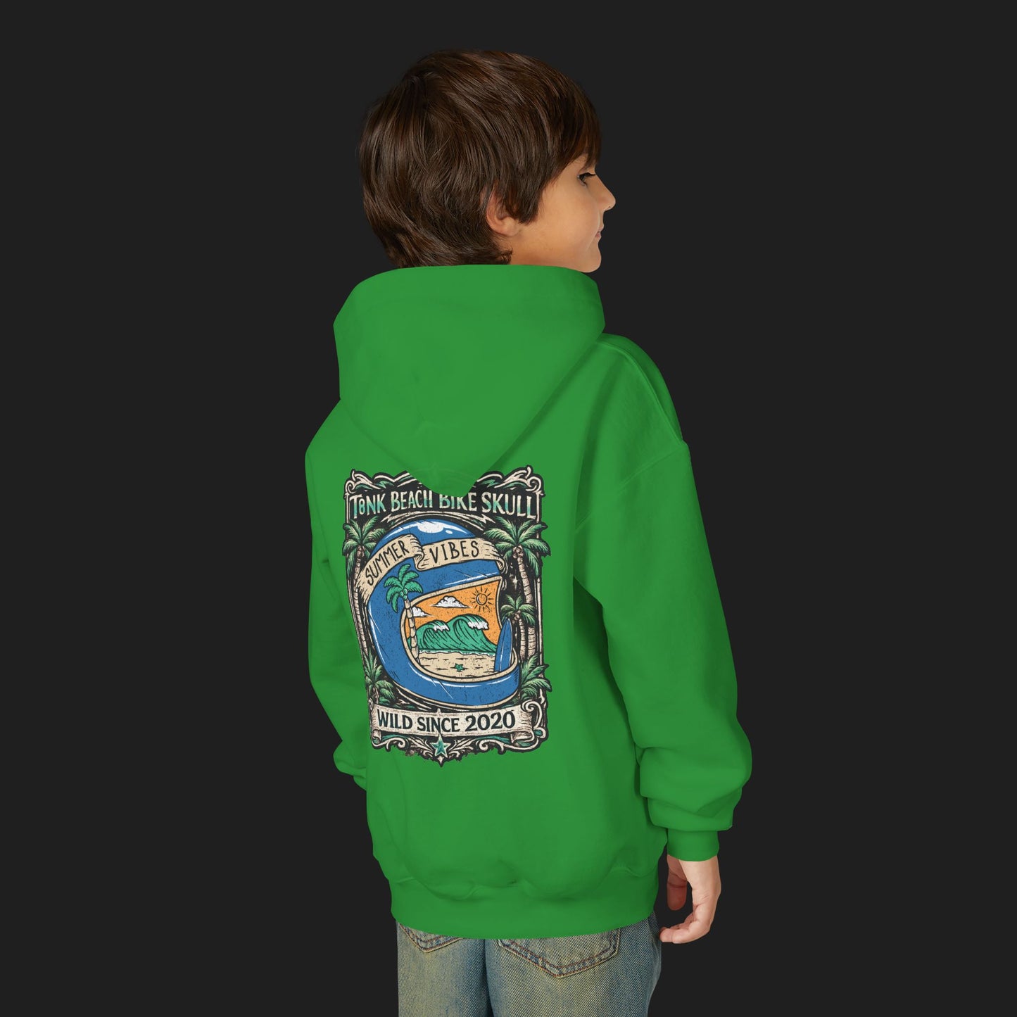 Youth Surf Vibes Hoodie | Beach Bike Skull Wild Since 2020