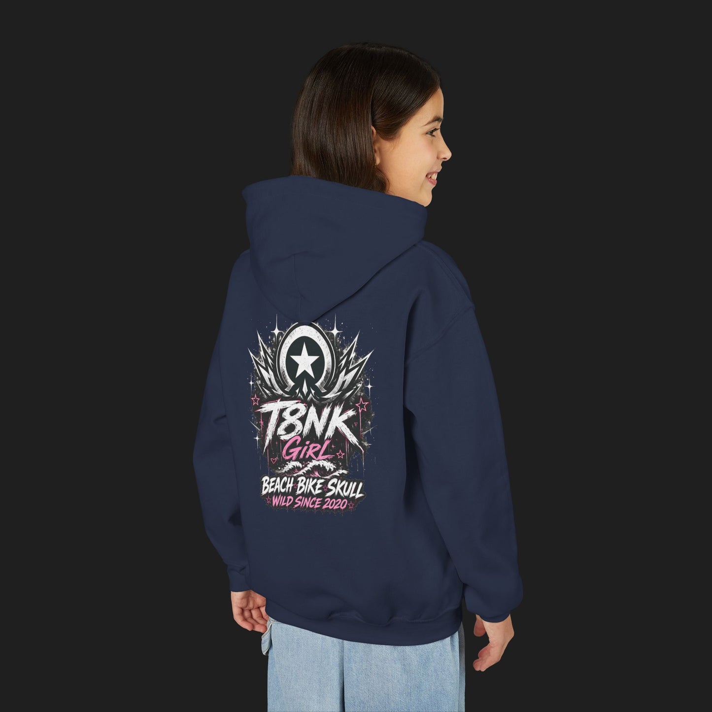 T8NK Girl Youth Hoodie | Beach Bike Skull Graphic Sweatshirt
