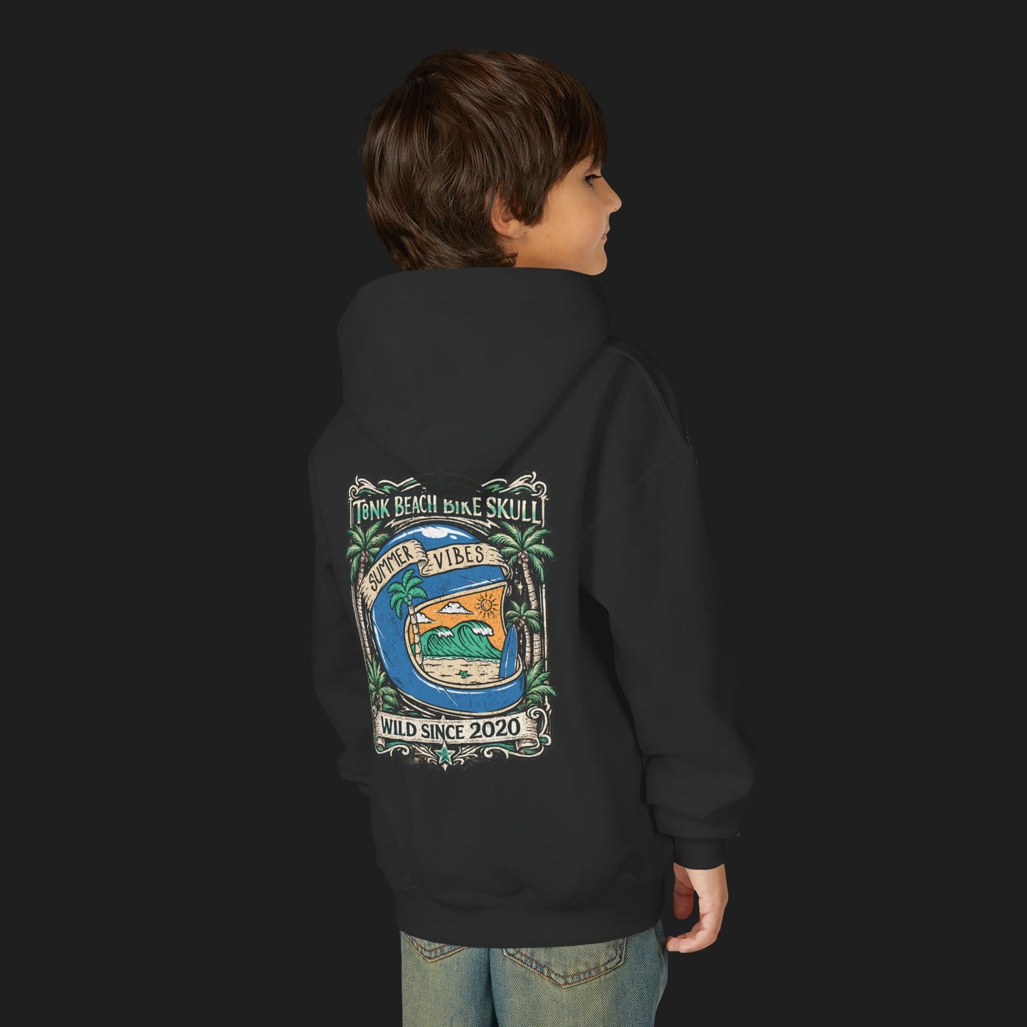 Youth Surf Vibes Hoodie | Beach Bike Skull Wild Since 2020