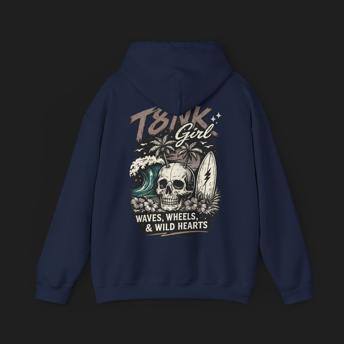 T8NK GIRL | Skull Surf Hoodie Waves, Wheels & Wild Hearts Graphic Sweatshirt