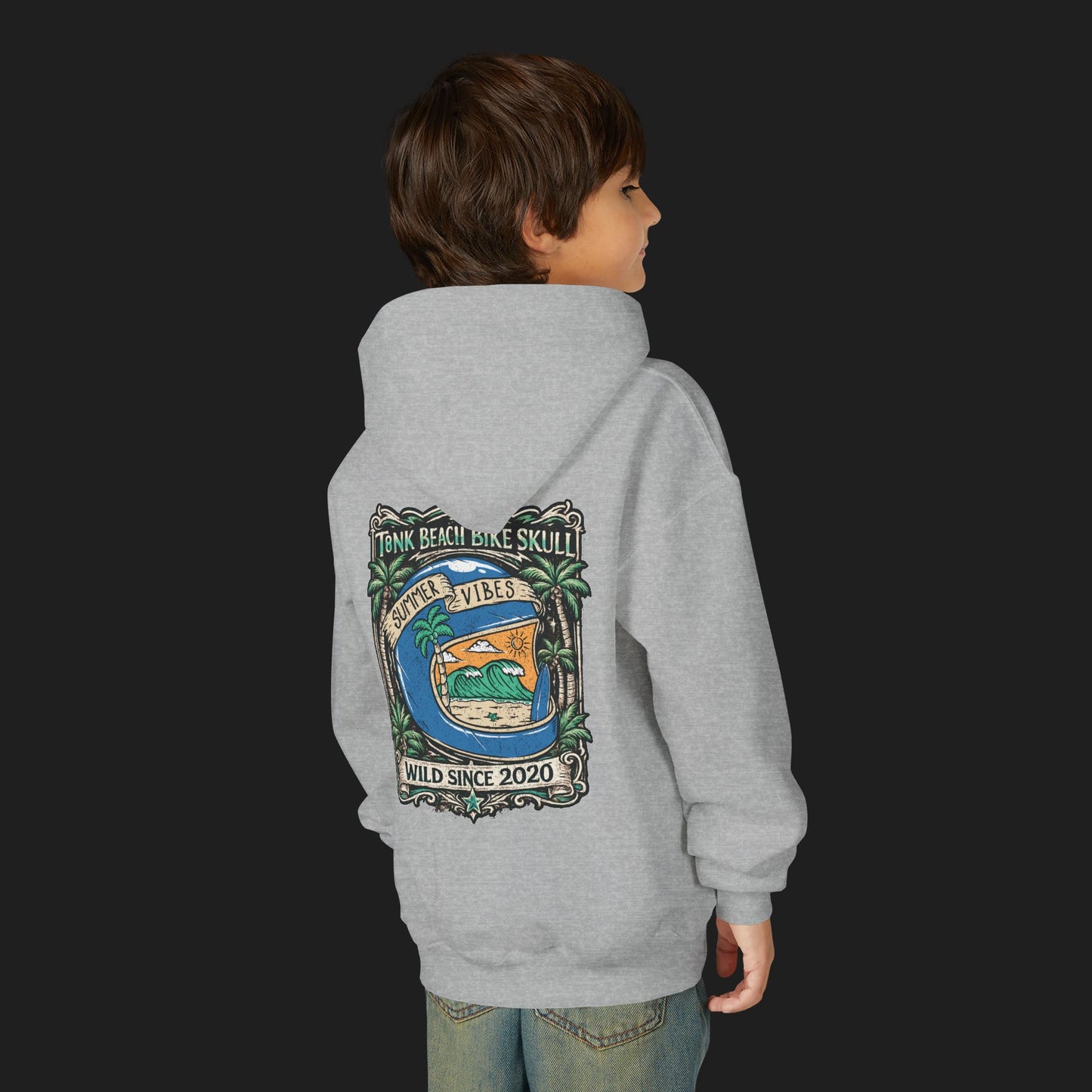 Youth Surf Vibes Hoodie | Beach Bike Skull Wild Since 2020
