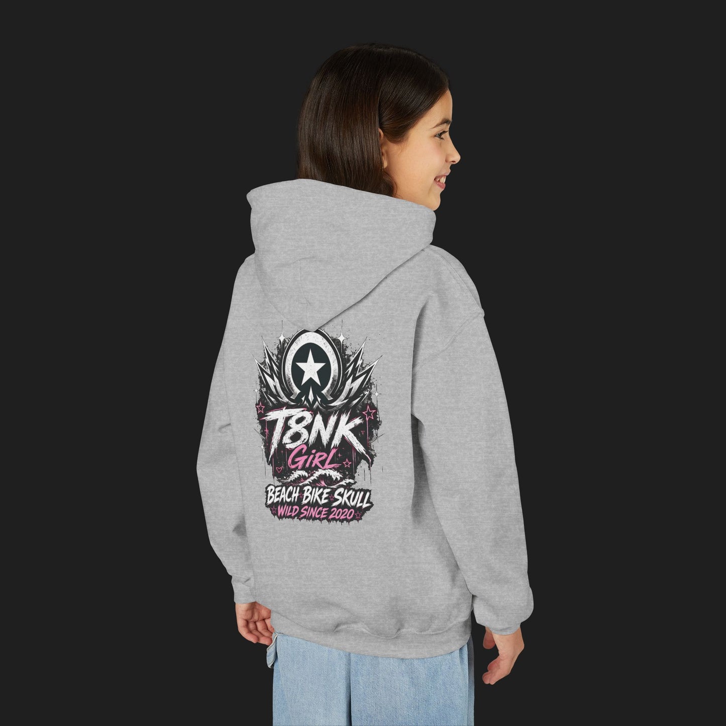 T8NK Girl Youth Hoodie | Beach Bike Skull Graphic Sweatshirt