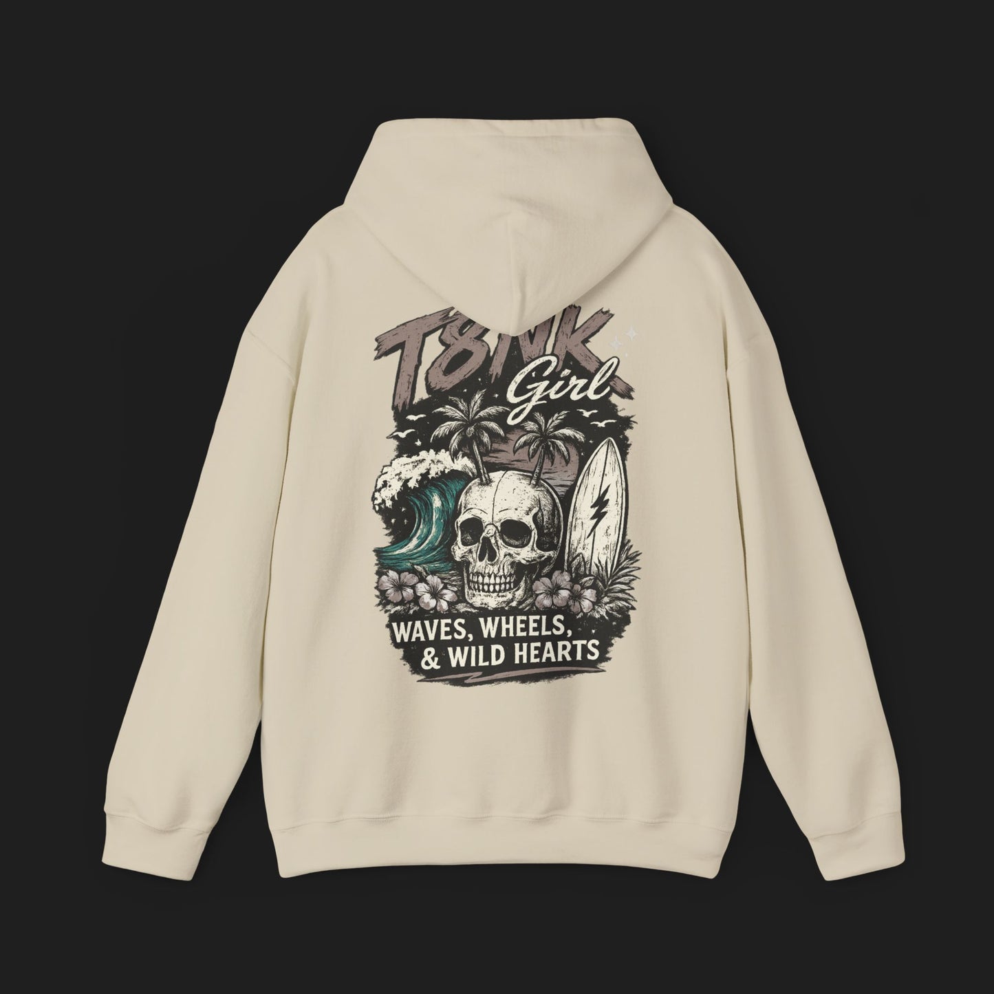 T8NK GIRL | Skull Surf Hoodie Waves, Wheels & Wild Hearts Graphic Sweatshirt