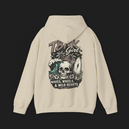 T8NK GIRL | Skull Surf Hoodie Waves, Wheels & Wild Hearts Graphic Sweatshirt