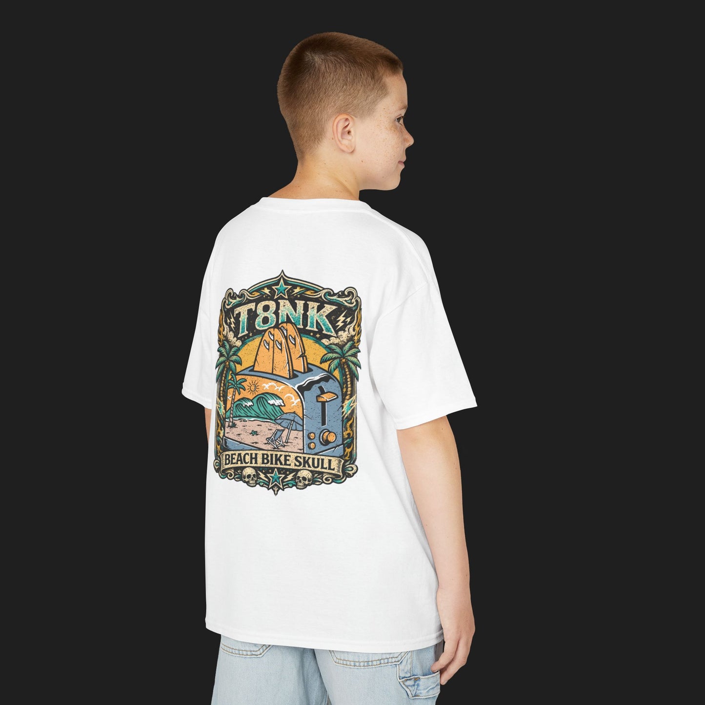 Kids Beach Bike Skull T‑Shirt | Retro Tropical Surf Graphic Tee