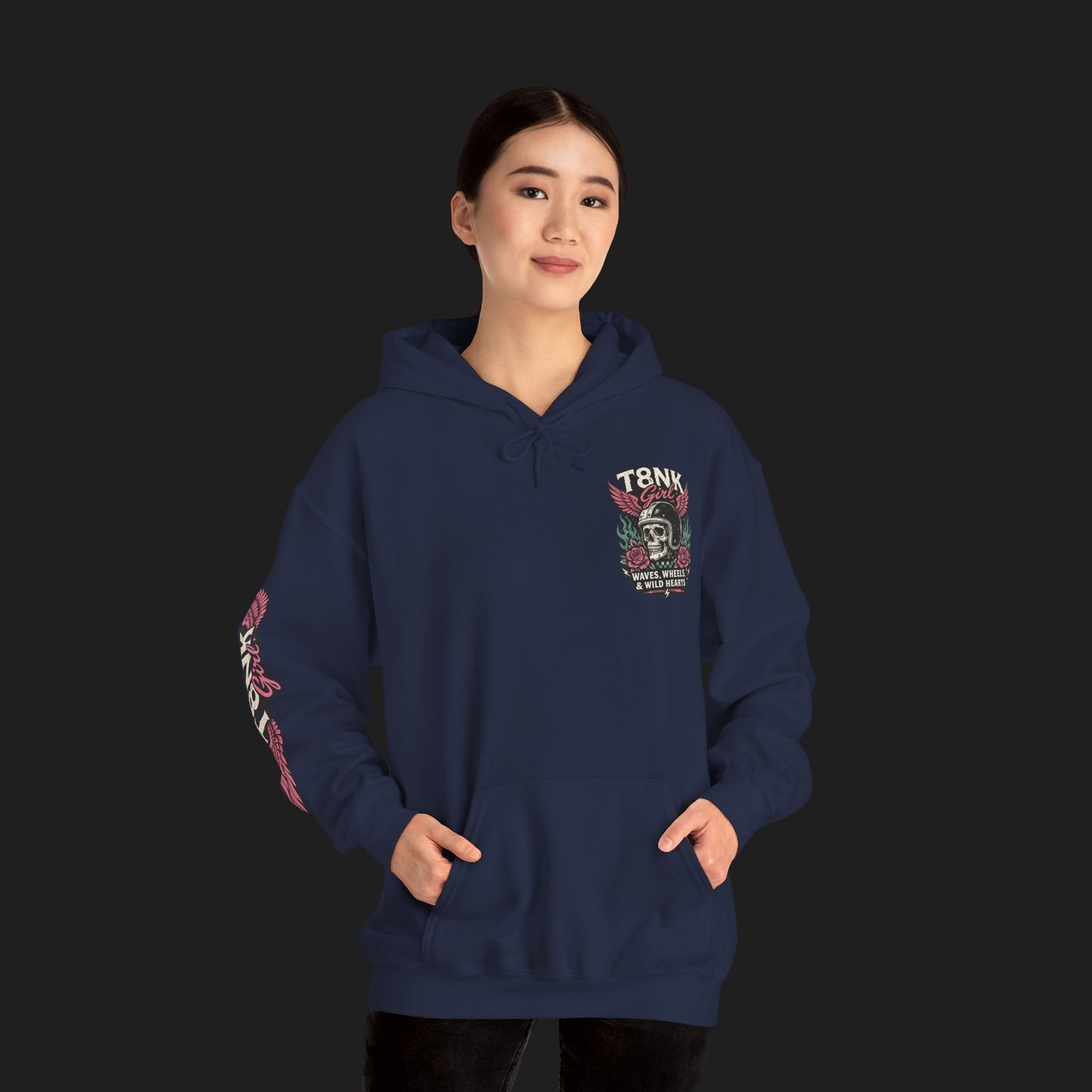 T8NK GIRL | Waves, Wheels & Wild Hearts" Vintage Skull Moto Hoodie