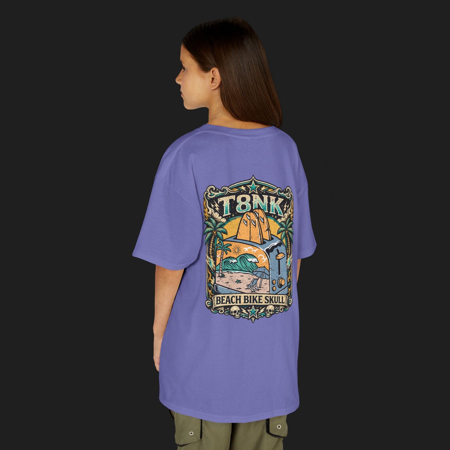 Kids Beach Bike Skull T‑Shirt | Retro Tropical Surf Graphic Tee