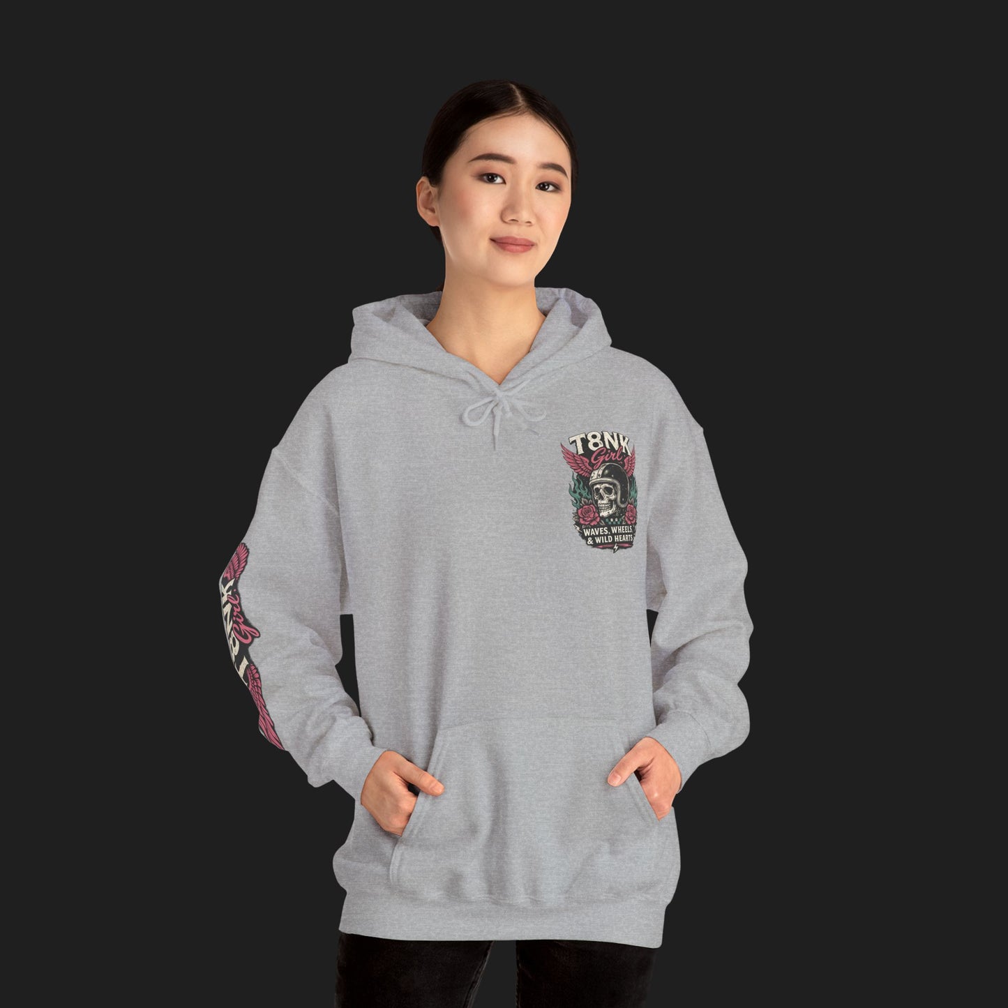 T8NK GIRL | Waves, Wheels & Wild Hearts" Vintage Skull Moto Hoodie