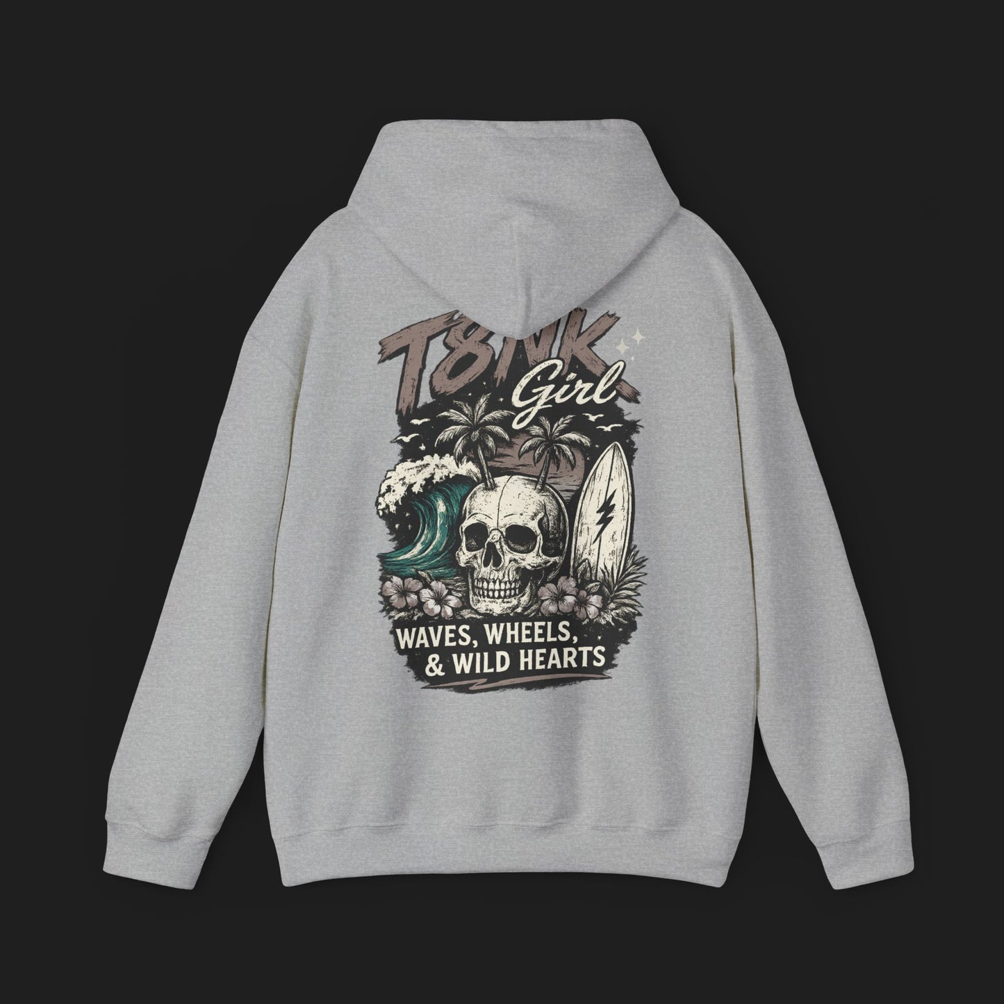 T8NK GIRL | Skull Surf Hoodie Waves, Wheels & Wild Hearts Graphic Sweatshirt