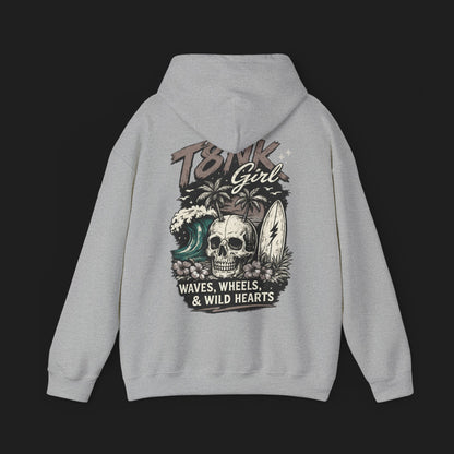 T8NK GIRL | Skull Surf Hoodie Waves, Wheels & Wild Hearts Graphic Sweatshirt