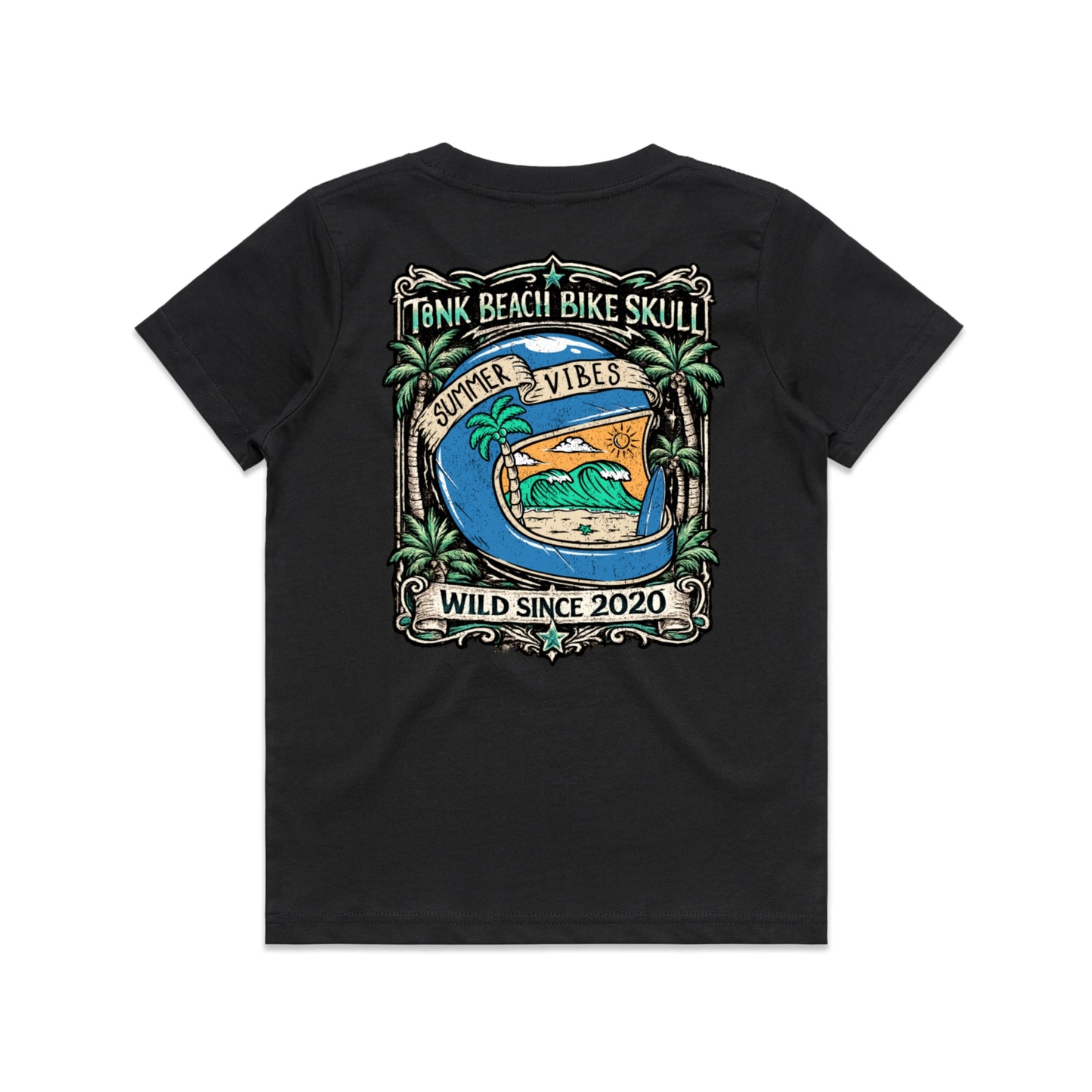 T8NK Summer Vibes Helmet Tee | Beach Bike Skull Coastal Graphic T-Shirt