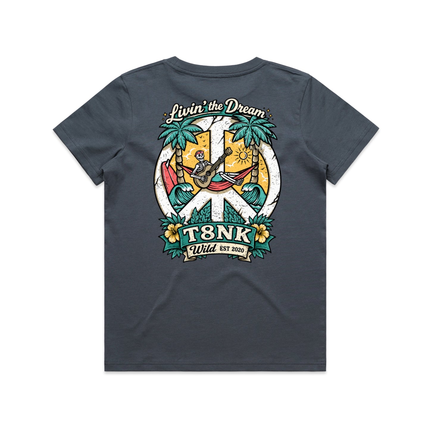 T8NK Livin’ The Dream Tee | Tropical Skeleton Beach Graphic T-Shirt