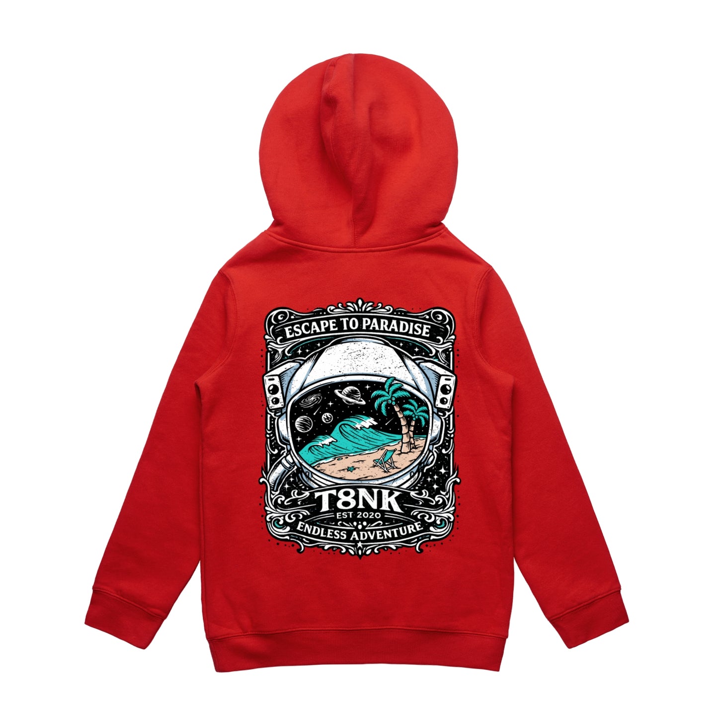 T8NK Endless Adventure Astronaut Surf Hood | Retro Space Beach Graphic Hoodie