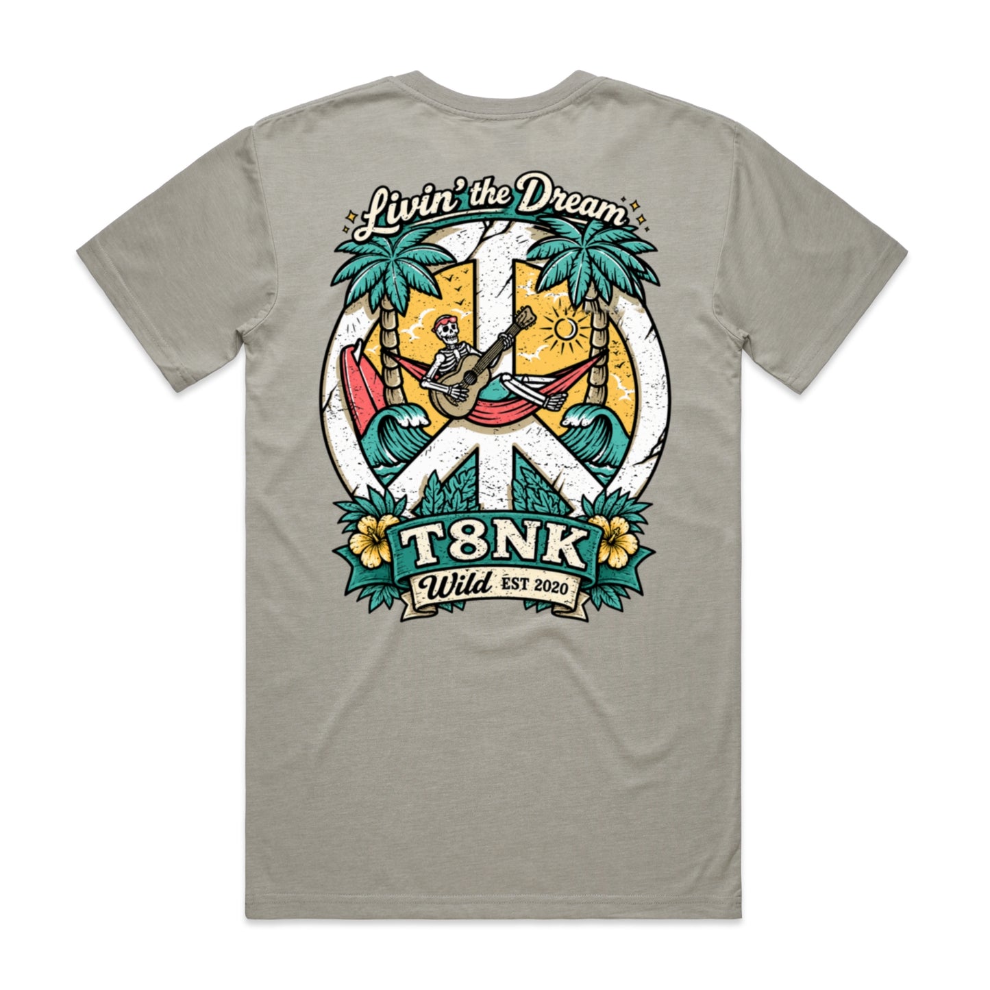 T8NK Livin’ The Dream Tee | Tropical Skeleton Beach Graphic T-Shirt