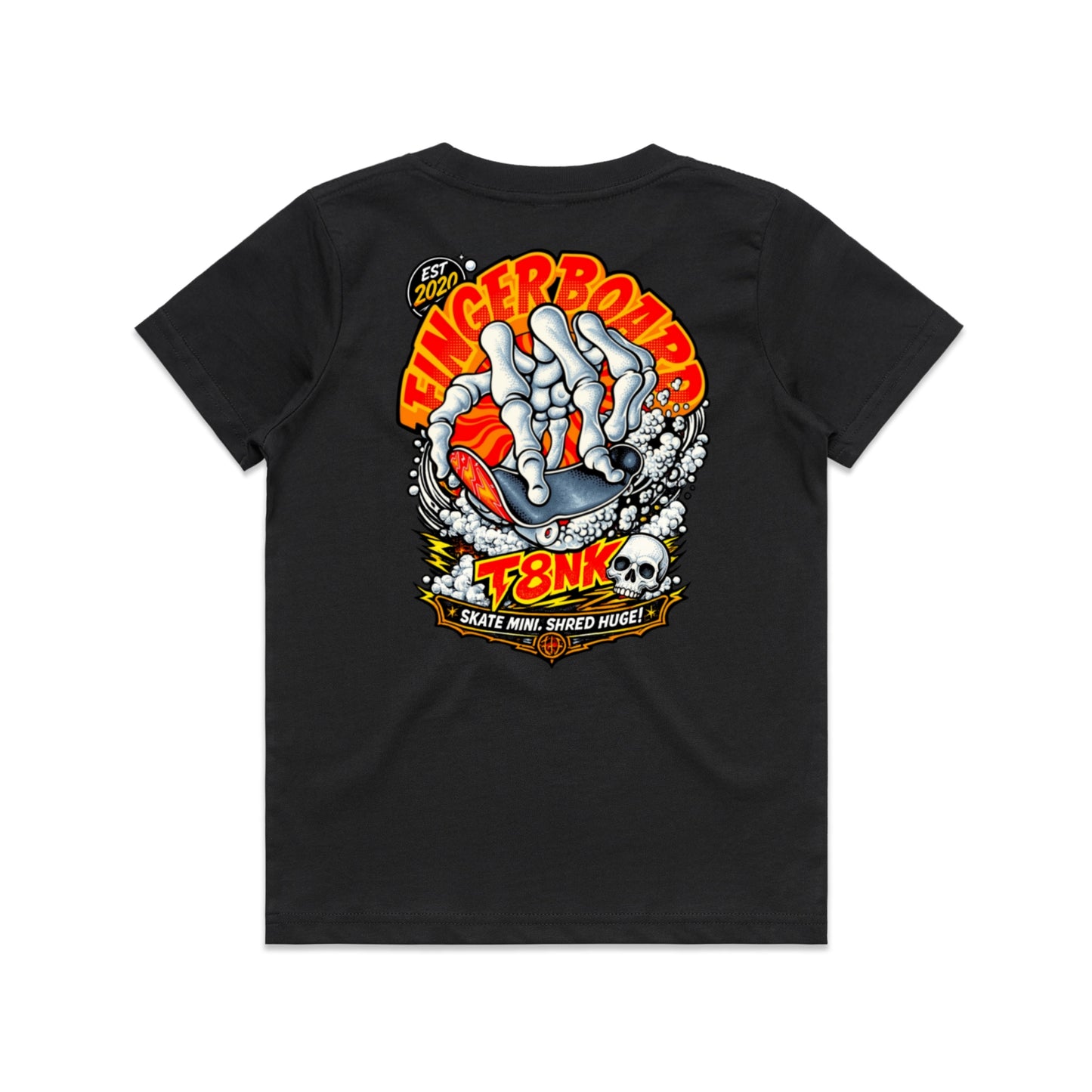 T8NK Fingerboard Skeleton Skate Tee | Retro Skateboarding Graphic Tee