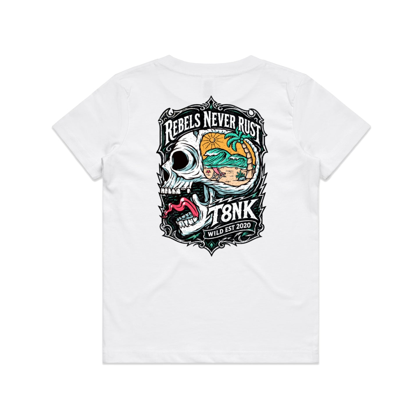 T8NK Rebels Never Rust Skull Tee | Vintage Surf Skull Graphic Tee