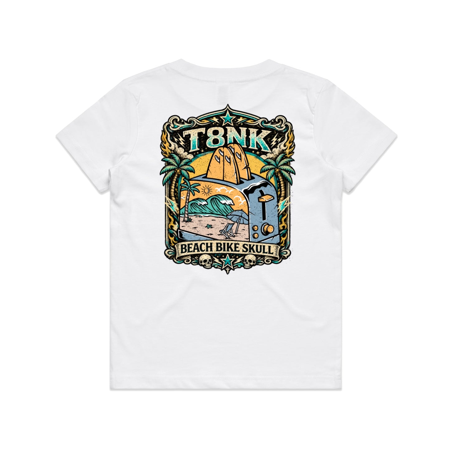 T8NK Beach Bike Skull Toaster Tee | Retro Surf Beach Graphic Tee