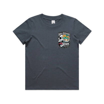 T8NK Rebels Never Rust Skull Tee | Vintage Surf Skull Graphic Tee