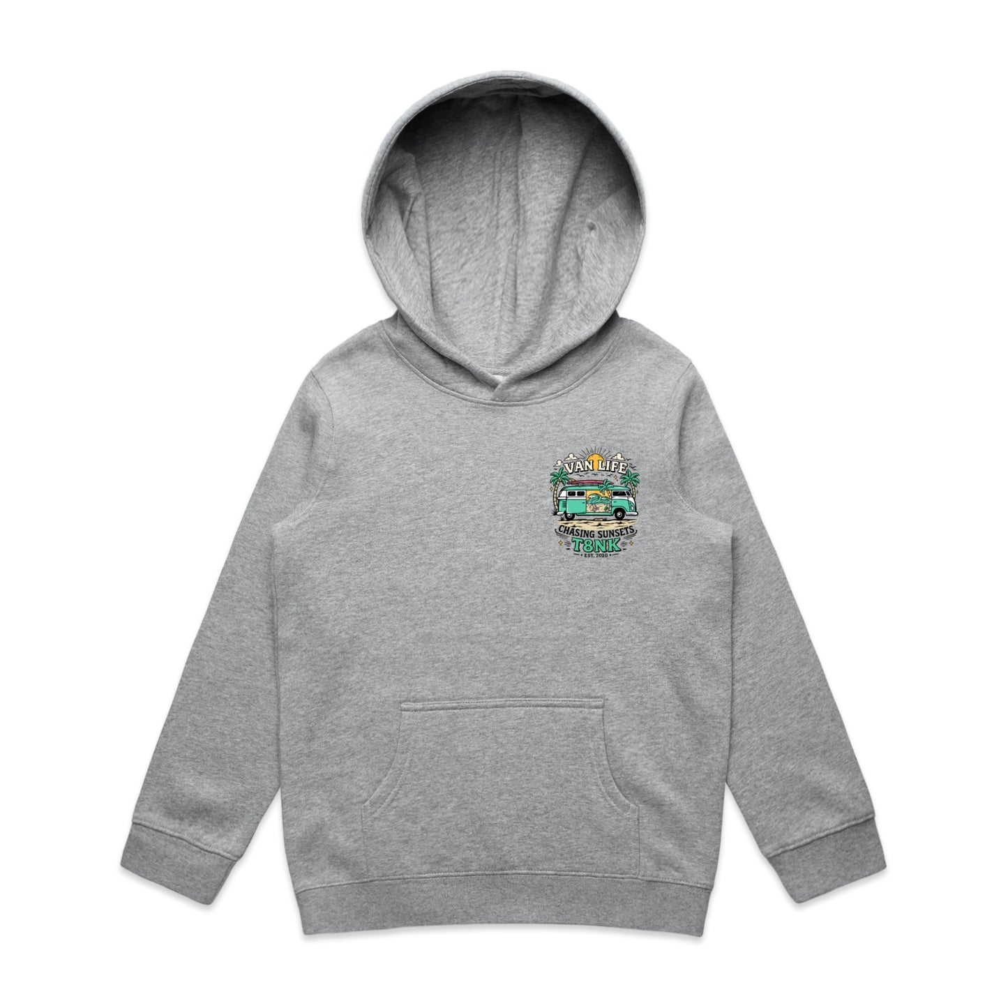 T8NK Van Life Chasing Sunsets Hoodie | Retro Camper Van Beach Graphic Hoodie