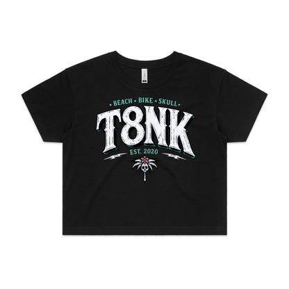 T8NK Beach Bike Skull Logo | Coastal Streetwear Surf Palm Skull Crop Top | Vintage Style
