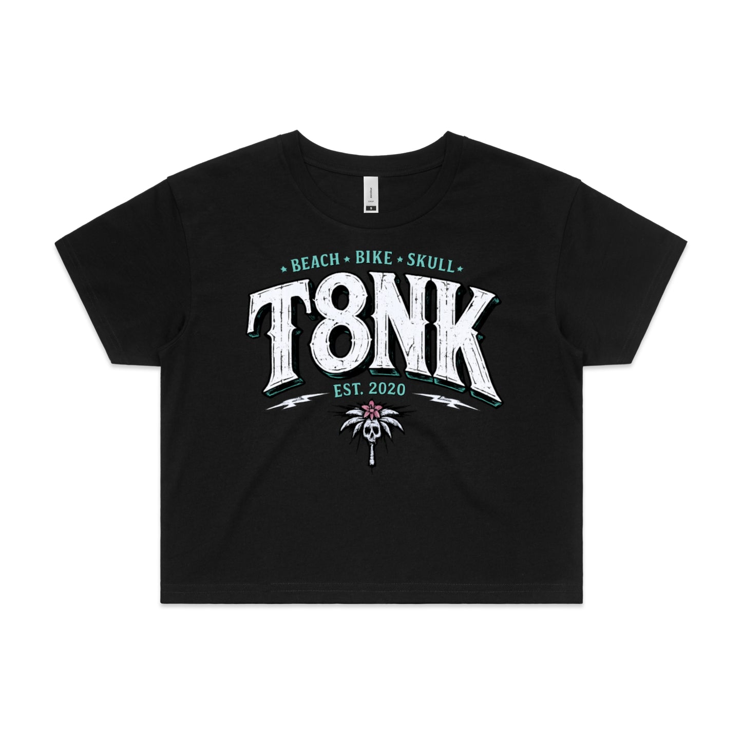 T8NK Beach Bike Skull Logo | Coastal Streetwear Surf Palm Skull Crop Top | Vintage Style