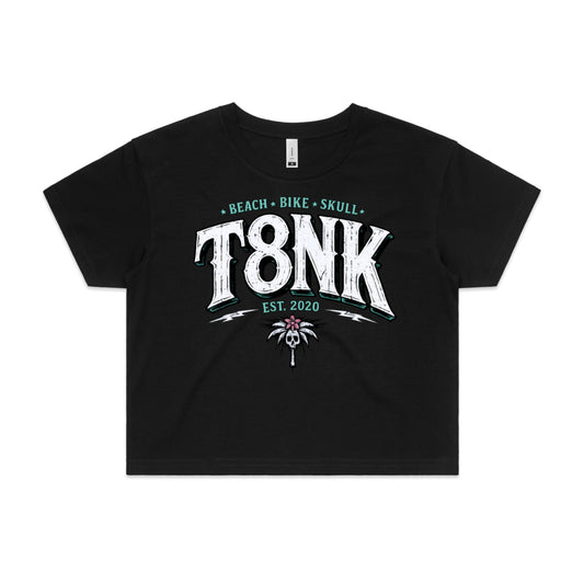 T8NK Beach Bike Skull Logo | Coastal Streetwear Surf Palm Skull Crop Top | Vintage Style