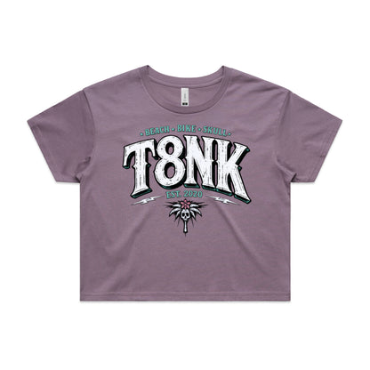 T8NK Beach Bike Skull Logo | Coastal Streetwear Surf Palm Skull Crop Top | Vintage Style