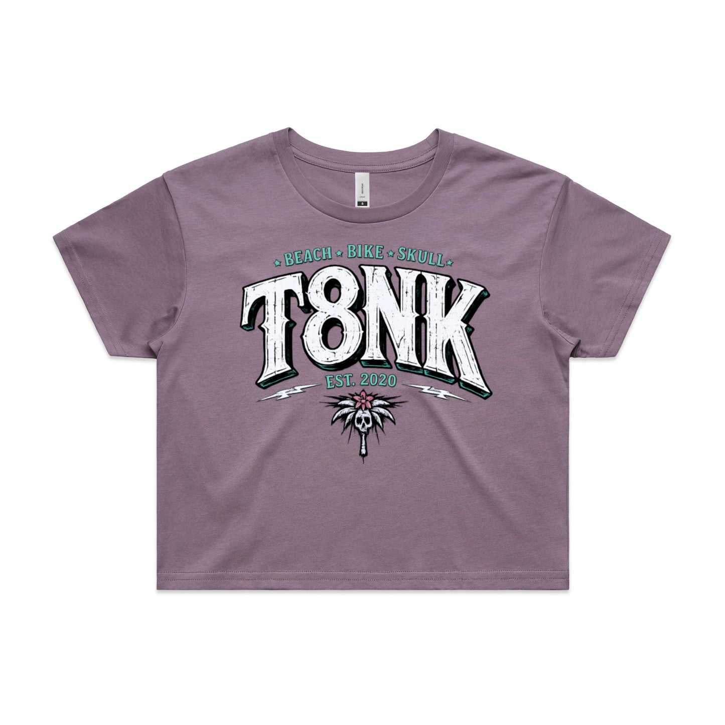 T8NK Beach Bike Skull Logo | Coastal Streetwear Surf Palm Skull Crop Top | Vintage Style