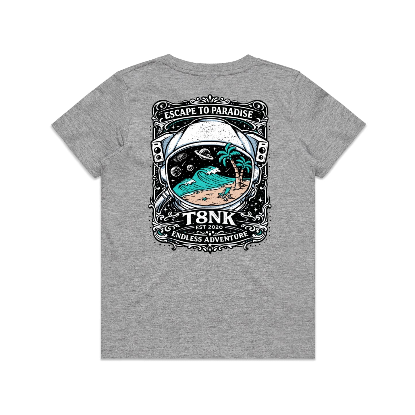T8NK Endless Adventure Astronaut Surf Tee | Retro Space Beach Graphic Tee