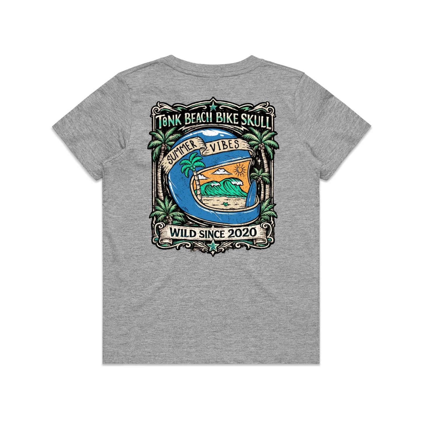 T8NK Summer Vibes Helmet Tee | Beach Bike Skull Coastal Graphic T-Shirt