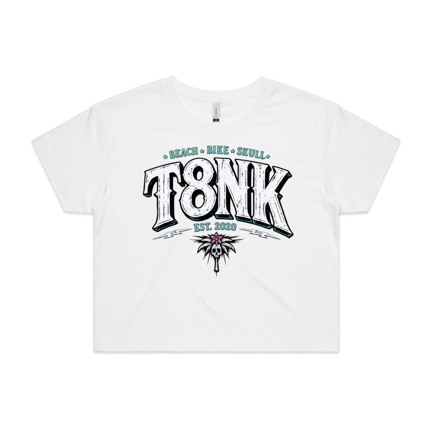 T8NK Beach Bike Skull Logo | Coastal Streetwear Surf Palm Skull Crop Top | Vintage Style