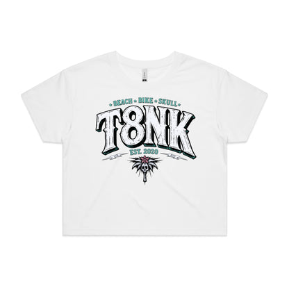 T8NK Beach Bike Skull Logo | Coastal Streetwear Surf Palm Skull Crop Top | Vintage Style