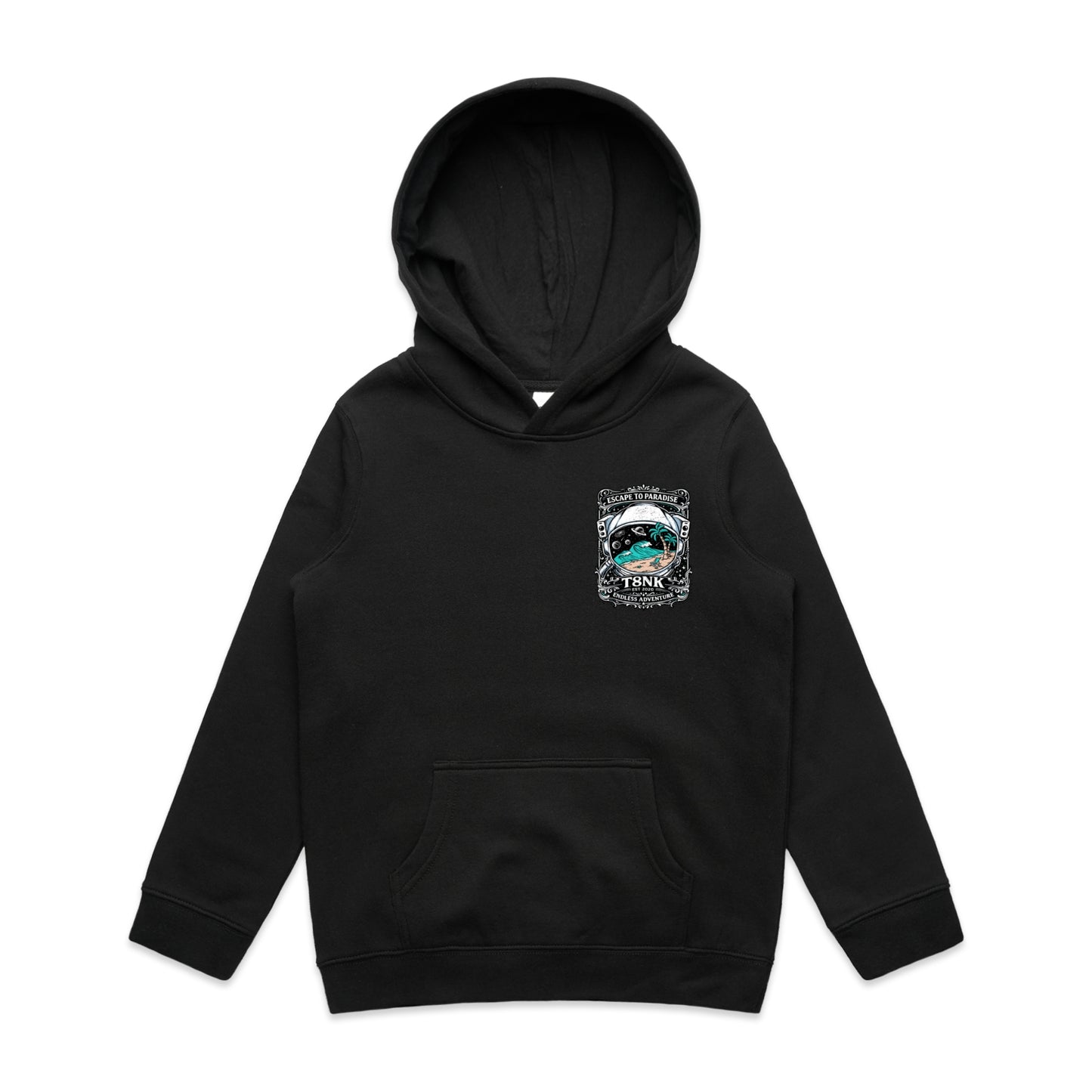 T8NK Endless Adventure Astronaut Surf Hood | Retro Space Beach Graphic Hoodie