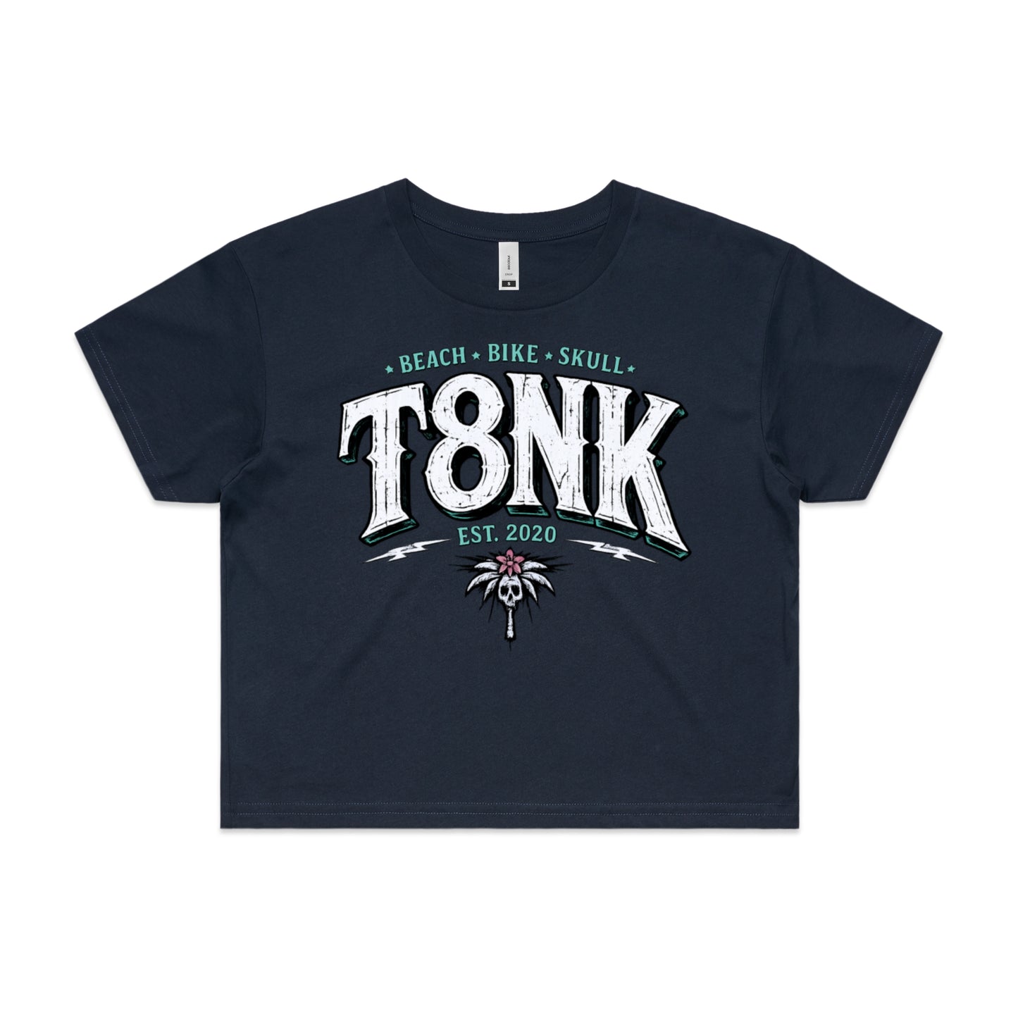 T8NK Beach Bike Skull Logo | Coastal Streetwear Surf Palm Skull Crop Top | Vintage Style