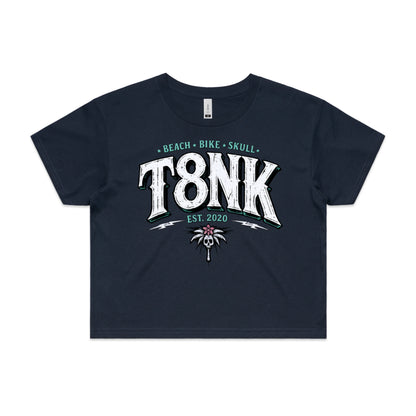 T8NK Beach Bike Skull Logo | Coastal Streetwear Surf Palm Skull Crop Top | Vintage Style