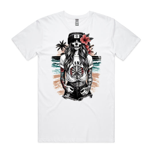 T8NK Skeleton Beach Girl T-Shirt | Skull Surfer Graphic | Coastal Tattoo Style | Rib Cage Skeleton | Gothic Beachwear